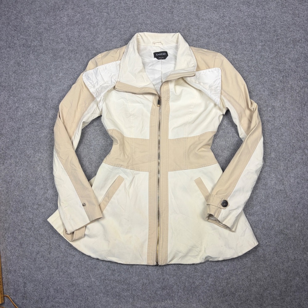 Bebe Womens Colorblock Full Zip Peplum Jacket Cream Tan Size Small